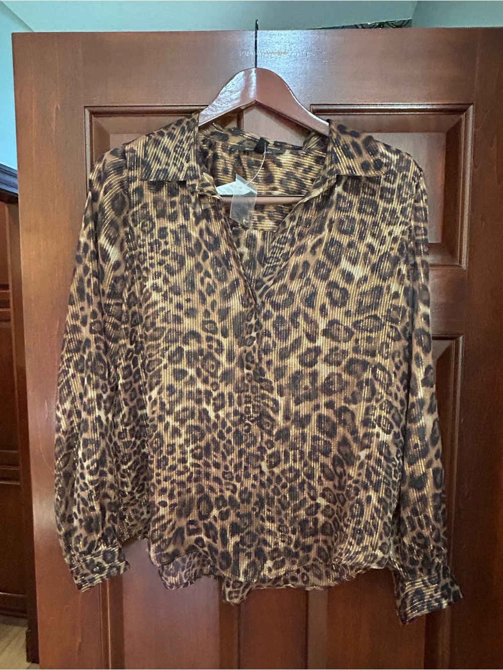 NWT White House Black Market Metallic Leopard Sheer Blouse Size M Gold Black
